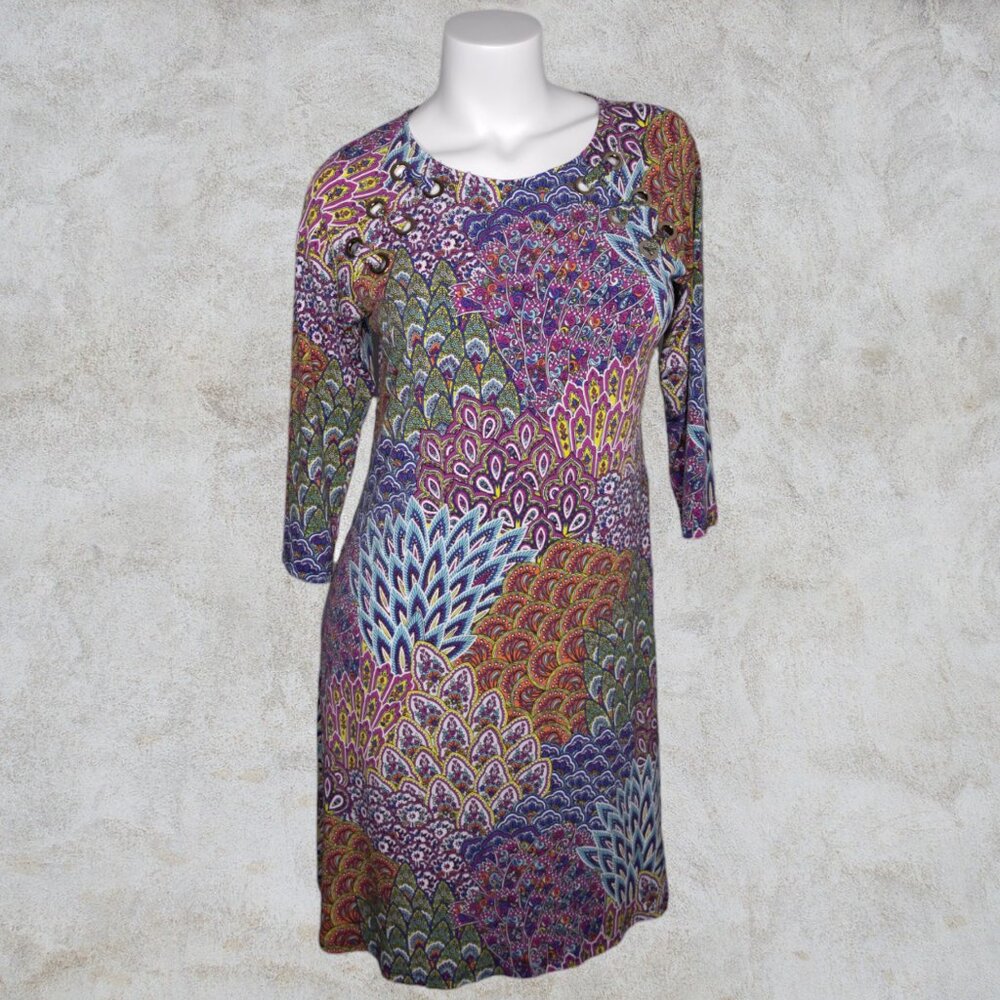 MSK Vibrant Colorful Paisley Peacock Floral Design Poly and Spandex Mini to Midi